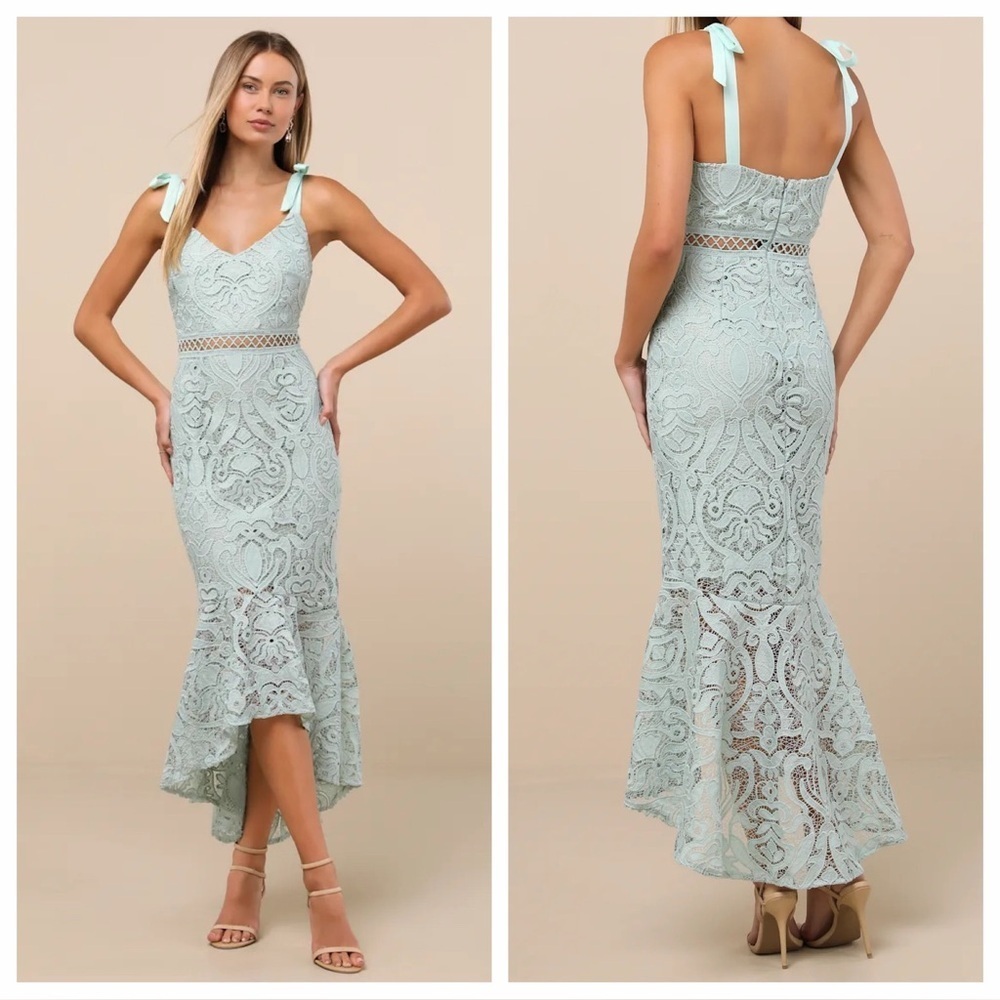 Lulus Won Your Heart Sage Green Lace Tie-Strap High-Low
Midi Dress